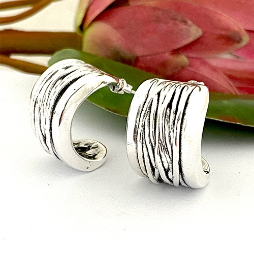 Sterling silver bulky textured wide hoop stud earrings 25mm long