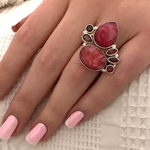Sterling silver unique shape ruby and garnet gemstone design ring 30mm wide