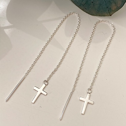 Sterling silver threader chain dainty cross earrings 40mm long