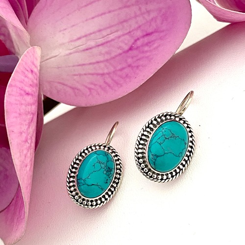 Sterling silver turquoise gemstone oval hanging earrings 30mm long