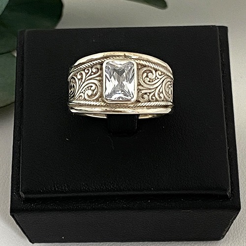 Sterling silver rectangular fillagree band cubic zirconia ring 13mm wide