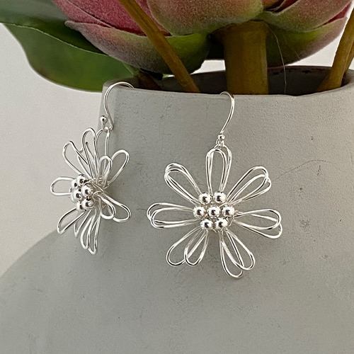 Sterling silver daisy flower wired design hanging earrings 40mm long