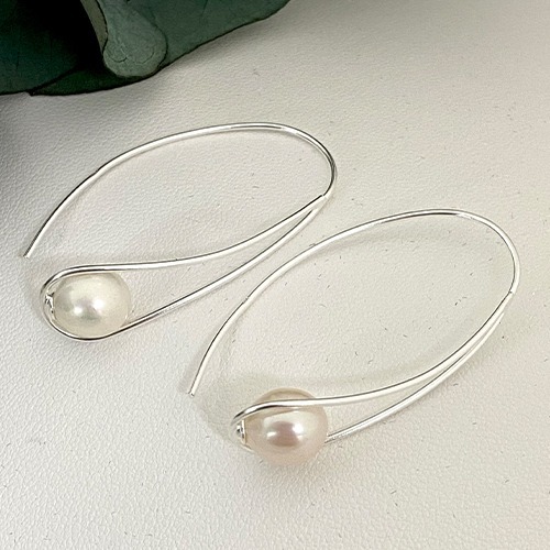 Sterling silver fine teardrop shape freshwater pearl hanging earrings 40mm long