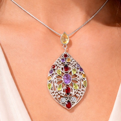 Sterling silver multicolour gemstone radiant harmony pendant 60mm long