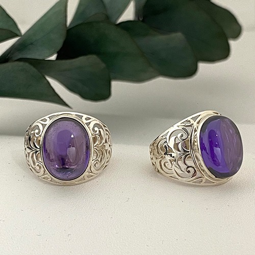 Sterling silver fillagree band oval purple stone band ring 20mm wide
