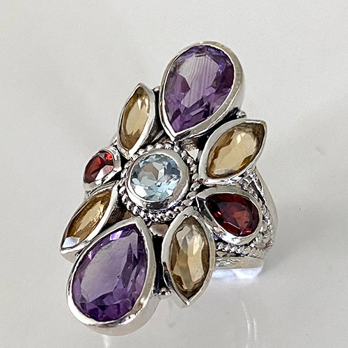Sterling silver Luna design Multicolour gemstone ring 30mm wide
