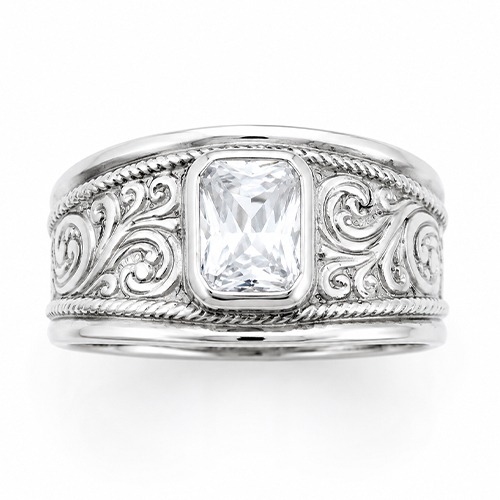 Sterling silver Bonnie design rectangular fillagree band cubic zirconia ring 13mm wide - Image 2