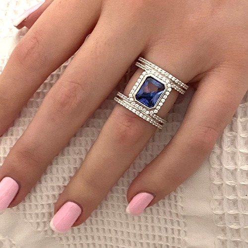 Sterling silver Amari design blue tanzanite cubic zirconia band ring 19mm wide