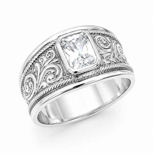 Sterling silver Bonnie design rectangular fillagree band cubic zirconia ring 13mm wide