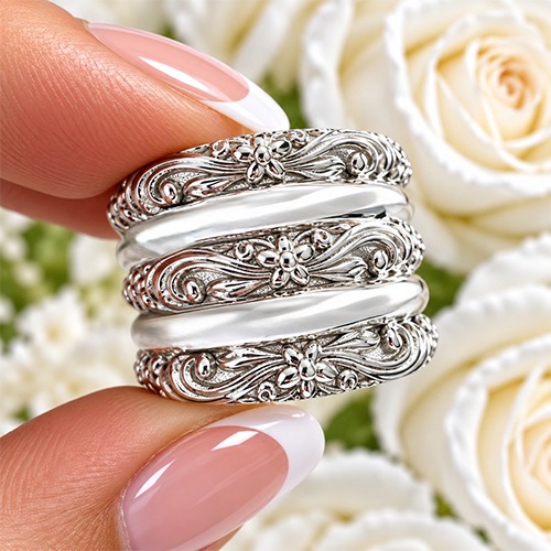 Sterling silver flower layers design pattern band solid ring 19mm wide