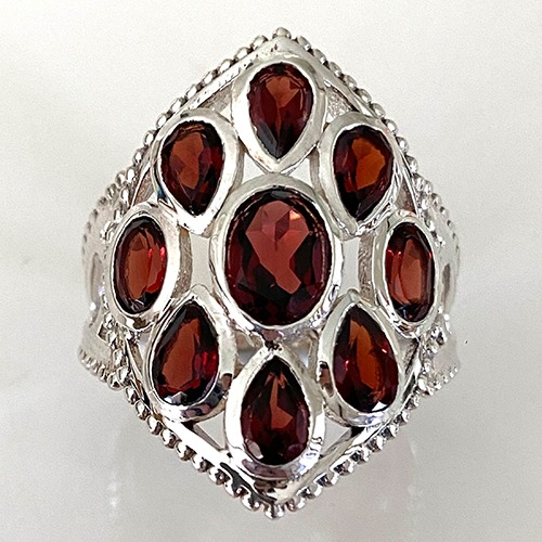 Sterling silver red garnet gemstone oval cluster design ring 28mm wide