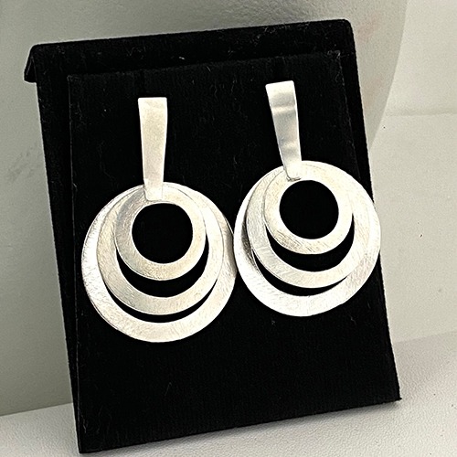Sterling silver triple circle design matte hanging earrings 45mm long