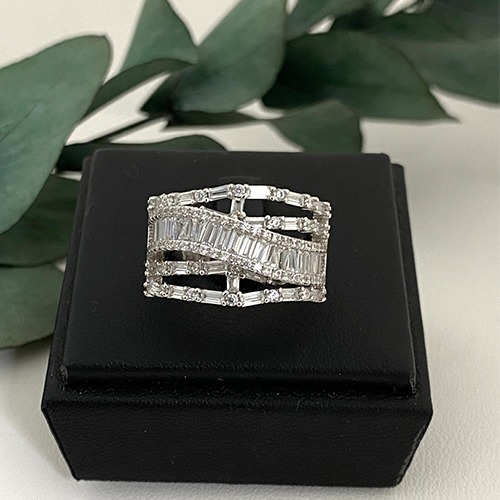 Sterling silver crossover design cubic zirconia band ring 15mm wide