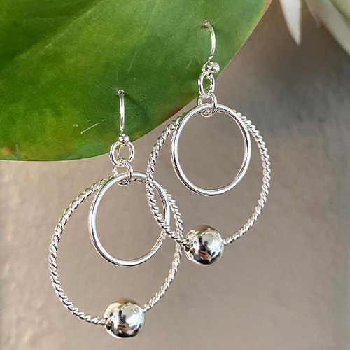 Sterling silver double circle design ball hanging earrings 45mm long