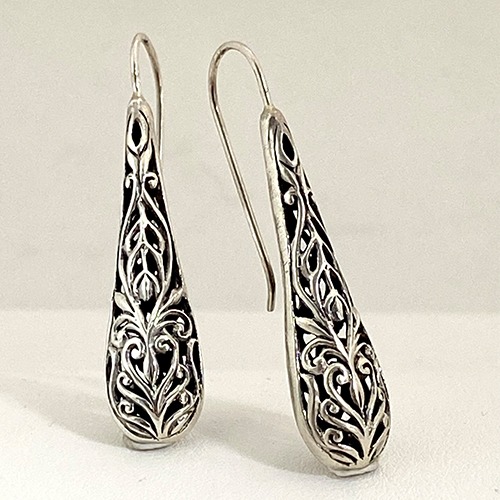 Sterling silver fillagree pattern long teardrop hanging earrings 45mm long