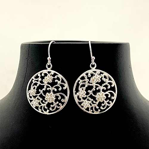 Sterling silver floral design round hanging earrings 35mm long