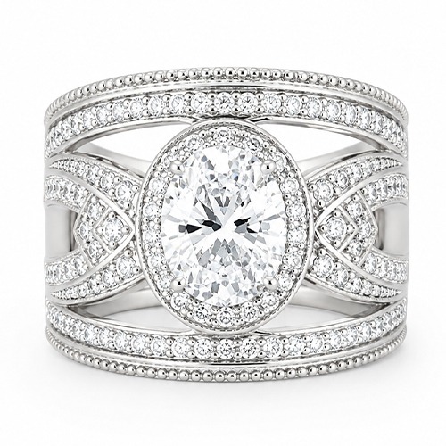 Sterling silver Ophelia design oval cubic zirconia band ring 17mm wide