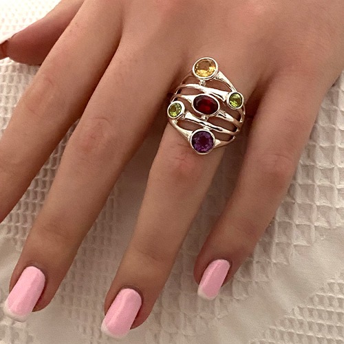 Sterling silver multicolour gemstone eccentric design wide ring 25mm wide