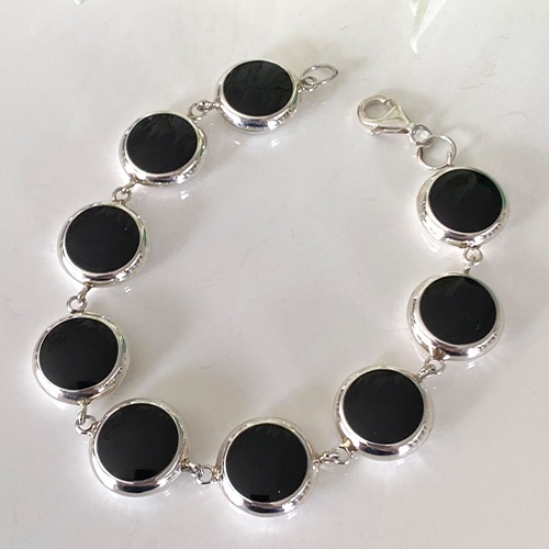 Sterling silver round shape black mother of pearl silver bracelet 15mm wide