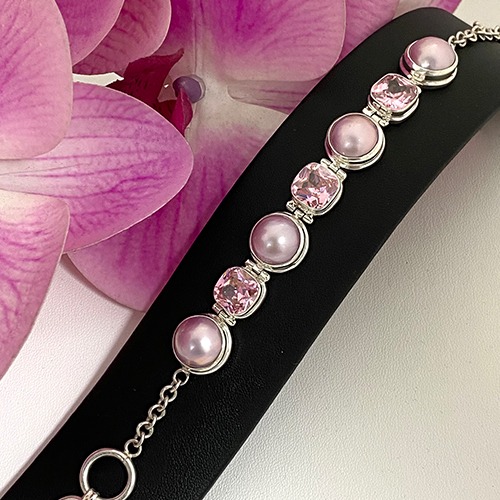 Sterling silver pink mabe pearl with cubic zirconia stones bracelet 14mm wide