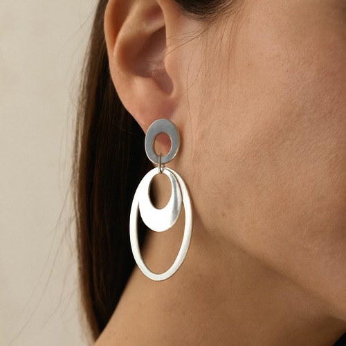 Sterling silver elegant ovals design hanging stud earrings 50mm long