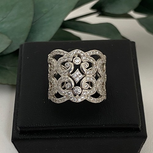 Sterling silver fillagree pattern design cubic zirconia band ring 18mm wide