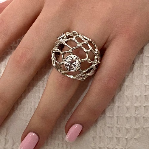 Sterling silver bulky galaxy dome grid cubic zirconia ring 26mm wide