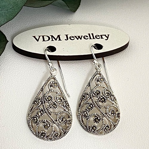 Sterling silver teardrop fillagree pattern marcasite stone hanging earrings 40mm long