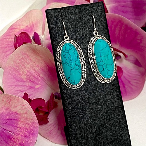 Sterling silver long oval turquoise gemstone hanging earrings 50mm long