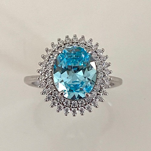 Sterling silver elegant sparkle blue aquamarine cubic zirconia ring 15mm wide