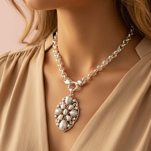 Sterling silver Celestia radiance pendant adored with pearls 65mm long