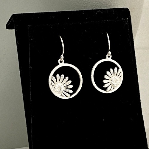 Sterling silver sunflower circle design hanging earrings 30mm long