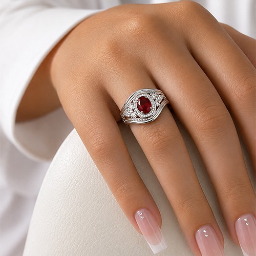 Sterling silver Alexa design halo red cubic zirconia band ring 16mm wide - Image 3