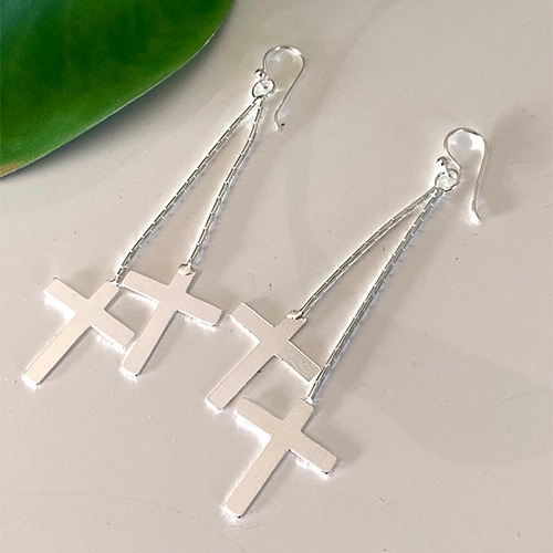 Sterling silver double crosses dangle long earrings 75mm long
