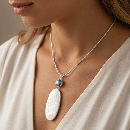 Sterling silver long bold oval shell with blue mabe pearl pendant 90mm long
