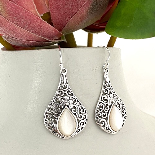 Sterling silver mother of pearl flower fillagree hanging earrings 40mm long