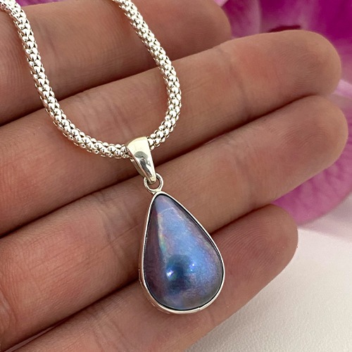 Sterling silver teardrop shape blue mabe pearl pendant 32mm long