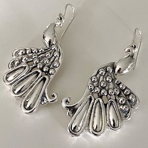 Sterling silver bold peacock design hanging earrings 60mm long