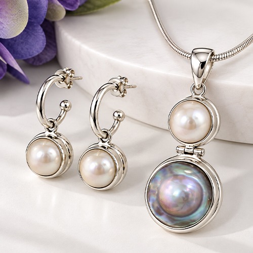 Sterling silver round blister pearl with white mabe pearl dangle pendant 55mm long - Image 3