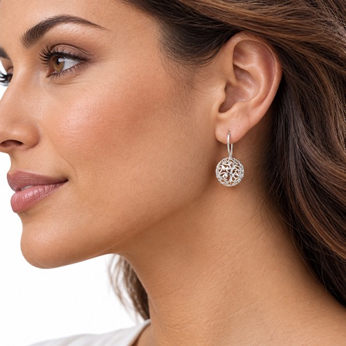 Sterling silver fillagree pattern ball dome drop earrings 30mm long - Image 2