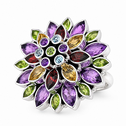 Sterling silver Gem Jewel petal gemstone bulky bloom ring 35mm wide