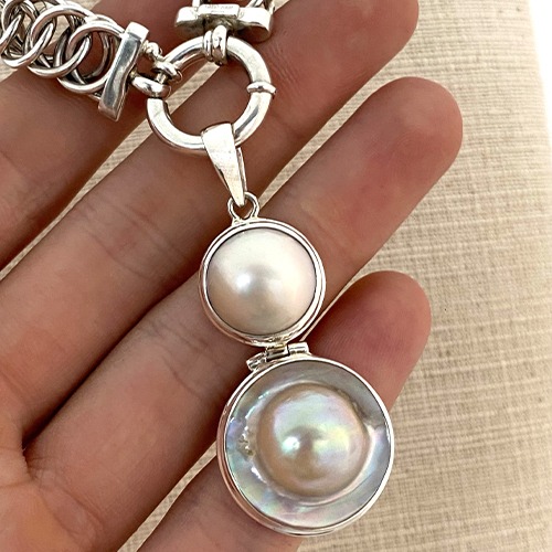 Sterling silver round blister pearl with white mabe pearl dangle pendant 55mm long