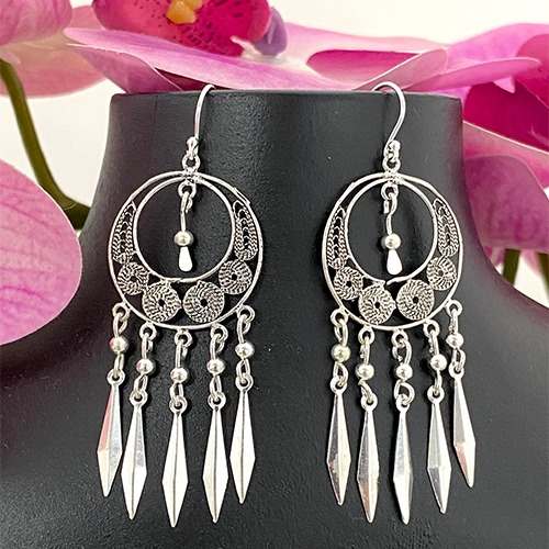 Sterling silver bohemian style hanging earrings 60mm long