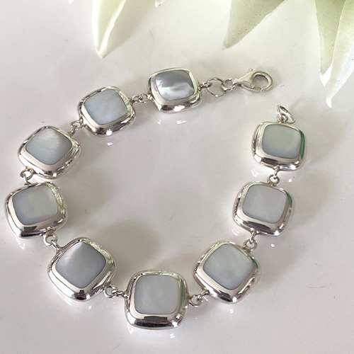 Sterling silver square shape mother of pearl silver bracelet 15mm wide