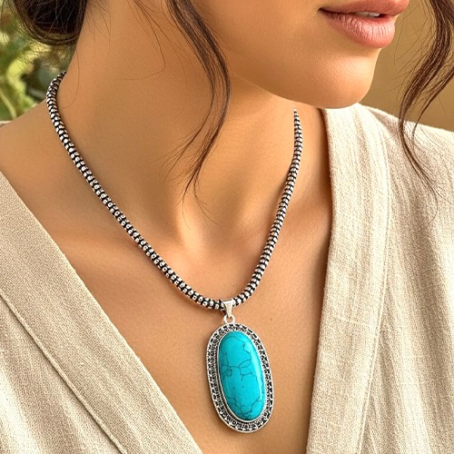 Sterling silver long oval turquoise gemstone pendant 60mm long