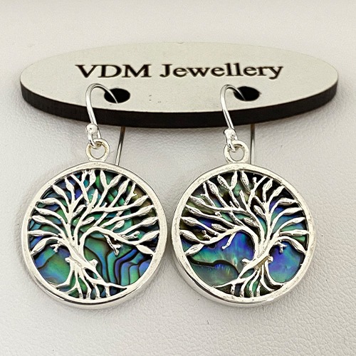 Sterling silver family tree design abalone shell hanging earrings 35mm long