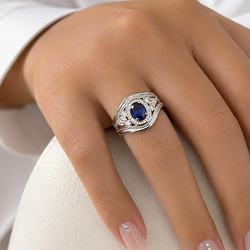 Sterling silver Alexa design halo blue cubic zirconia band ring 16mm wide - Image 2