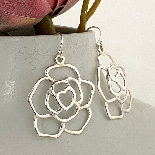 Sterling silver large flower outline hanging earrings 50mm long