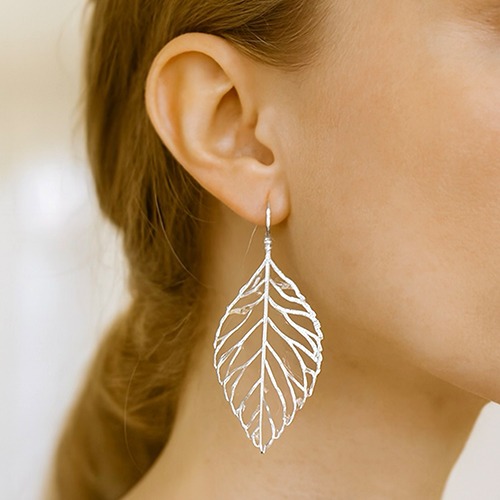 Sterling silver large leaf design hanging earrings 65mm long