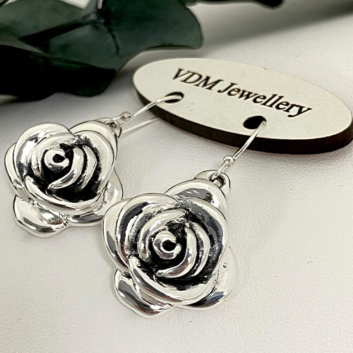 Sterling silver bulky rose hanging earrings 40mm long